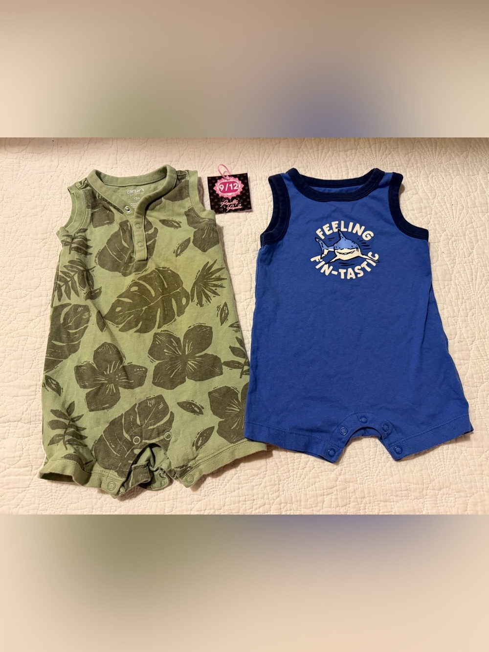 Carter's Green Leaf Print & Blue 'Feeling Fin-Tastic' Baby Rompers